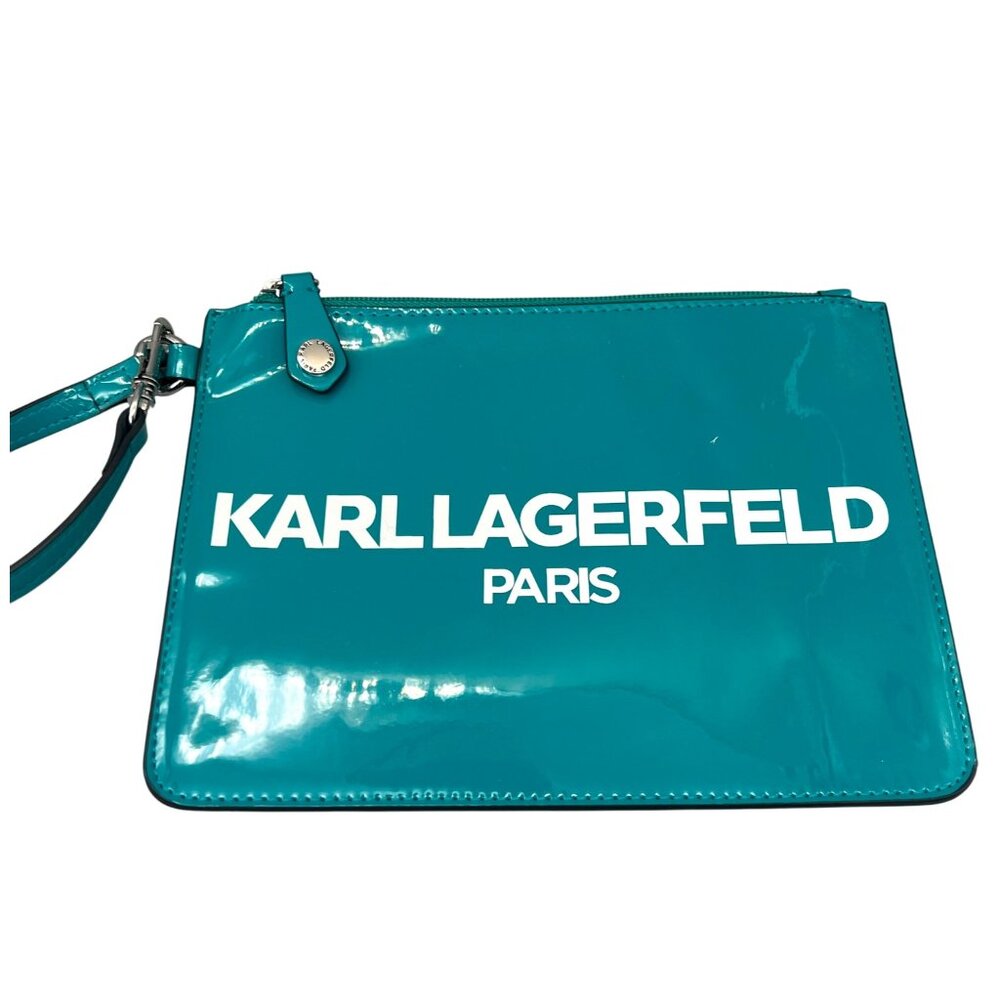 Karl Lagerfeld Paris Patent Leather Wristlet Clutch Bag Turquoise 8.75" x 6.5" - Picture 3 of 6